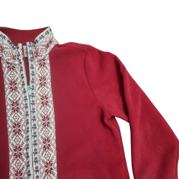 L.L. Bean Red Fleece Womens Medium Red Fair Isle Full Zip Jacket Sweater - Picture 6 of 9
